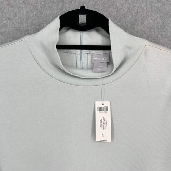 Chicos Mock Neck Tunic Knit Top Size M Coastal Mist Blue Gray Minimal Office NEW - Picture 5 of 12